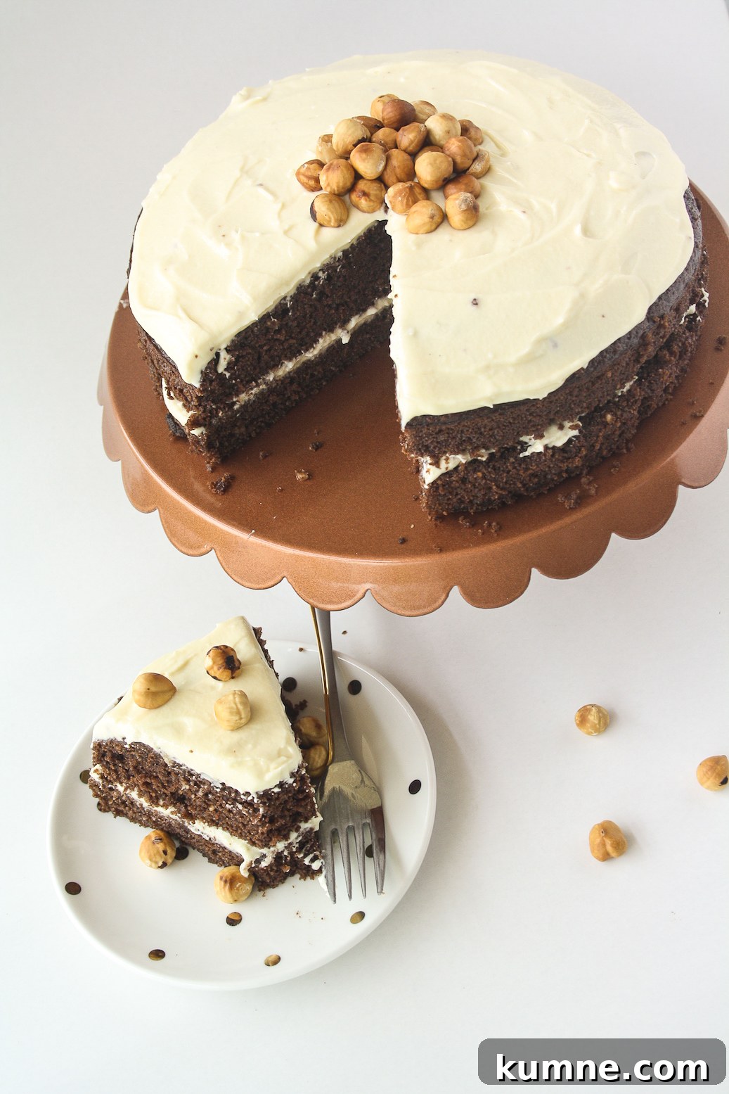 Decadent Chocolate Hazelnut Layer Cake Recipe 7 Moist chocolate cake filled with hazelnuts, layered with a hazelnut cream cheese frosting!