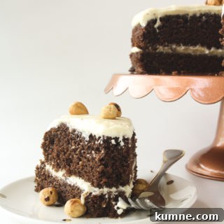 Decadent Chocolate Hazelnut Layer Cake Recipe 8 Moist chocolate cake filled with hazelnuts, layered with a hazelnut cream cheese frosting!