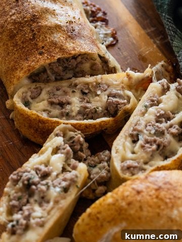 Italian sausage bread cut open