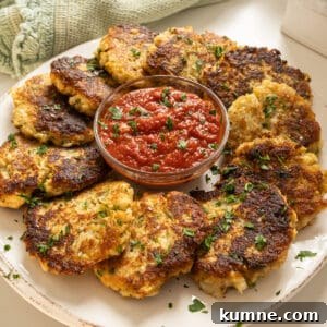 Fried cauliflower cakes on a plate with marinara sauce.