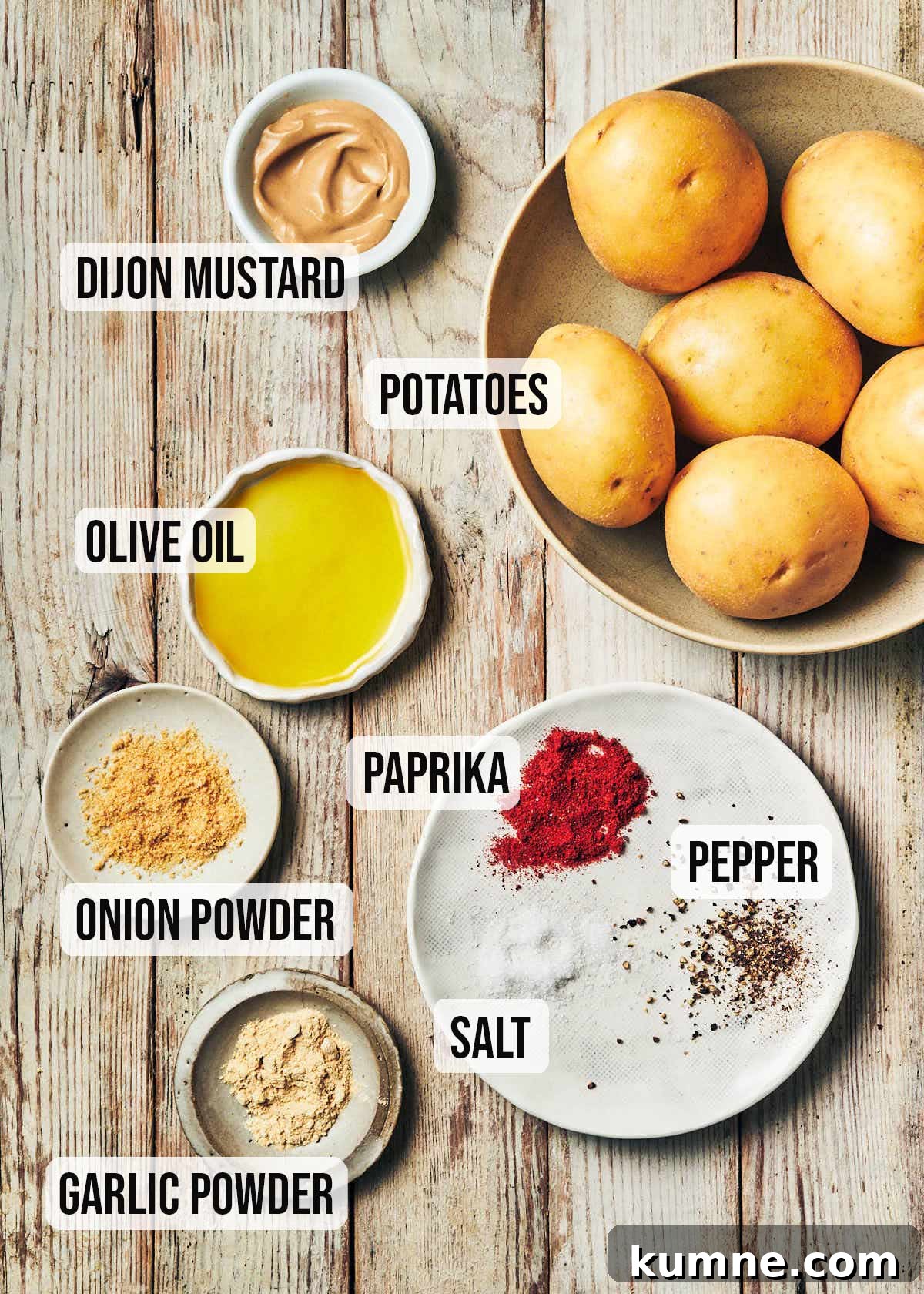 Ingredients to make air fryer breakfast potatoes (olive oil, mustard, spices, potatoes)