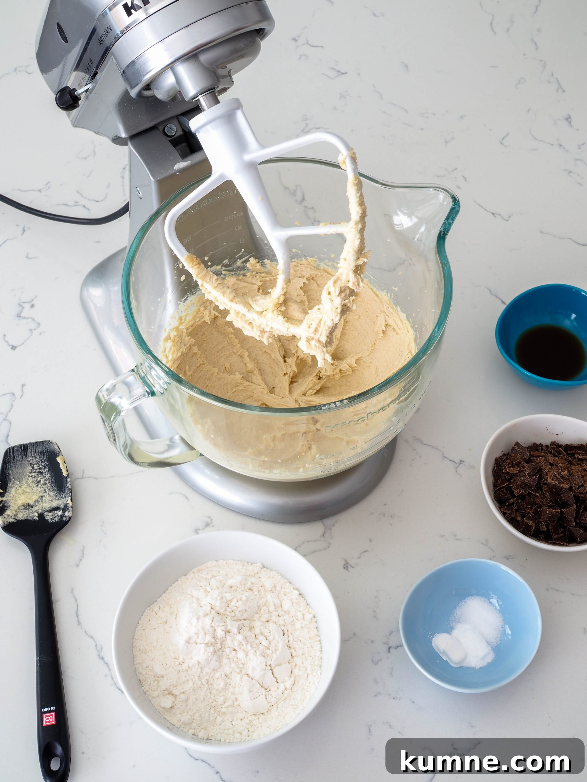 Decadent Dark Chocolate Chunk Cookie Recipe 5 A bowl of cookie dough fitted in a stand mixer, just prior to adding the flour.