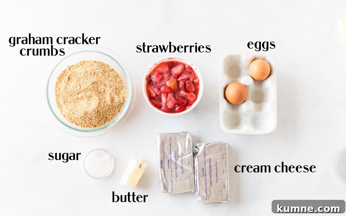 ingredients displayed for making strawberry cheesecake bars