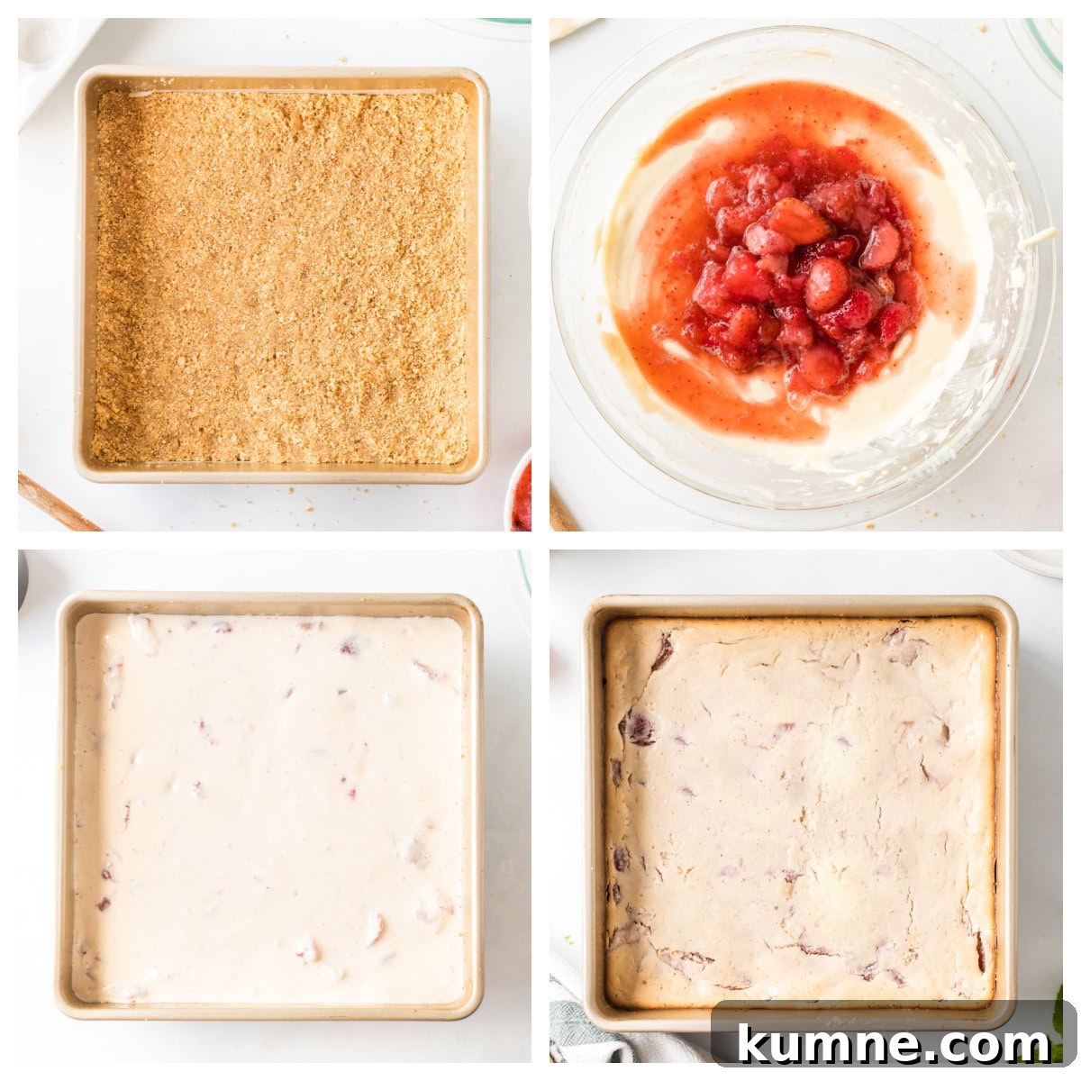 four photos showing process of making strawberry cheesecake bars