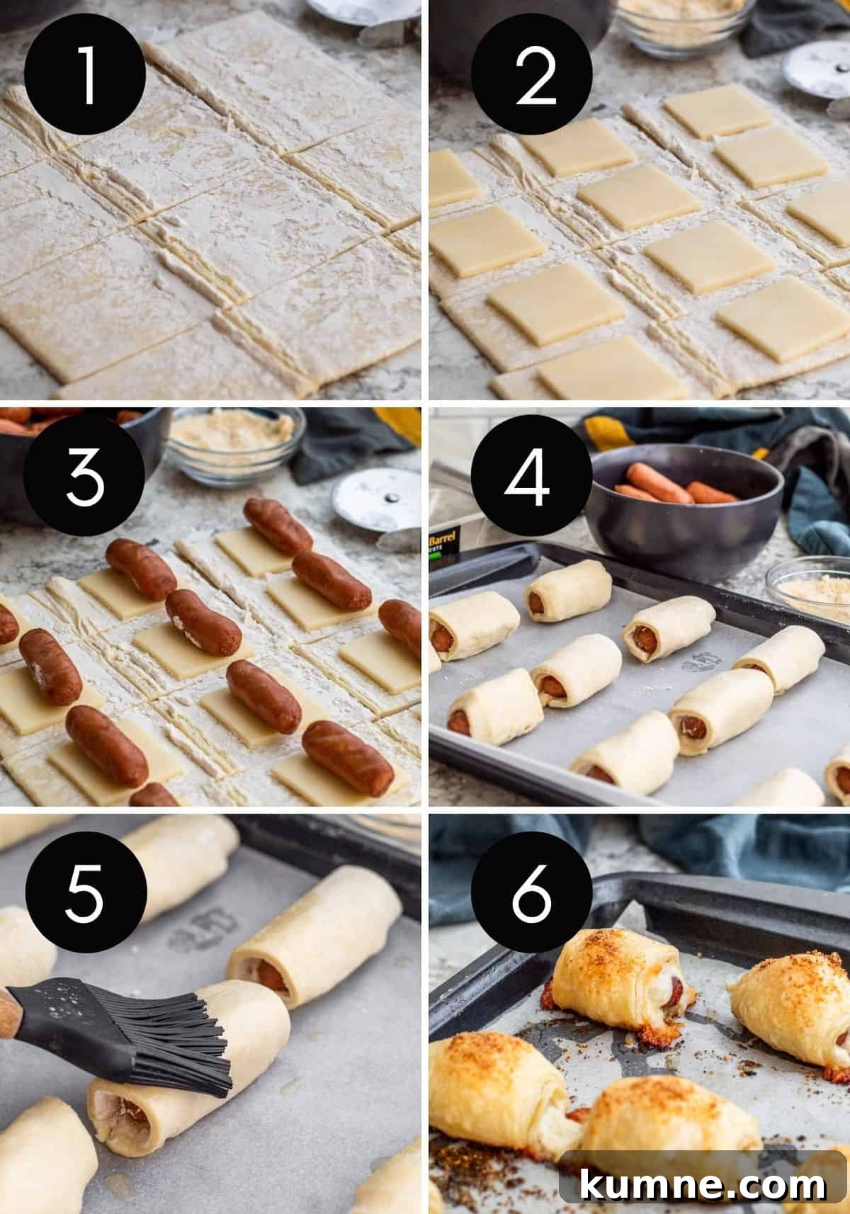 Cheesy Puff Pastry Pigs in a Blanket Recipe 4 Six image collage of prep for pigs in a blanket.