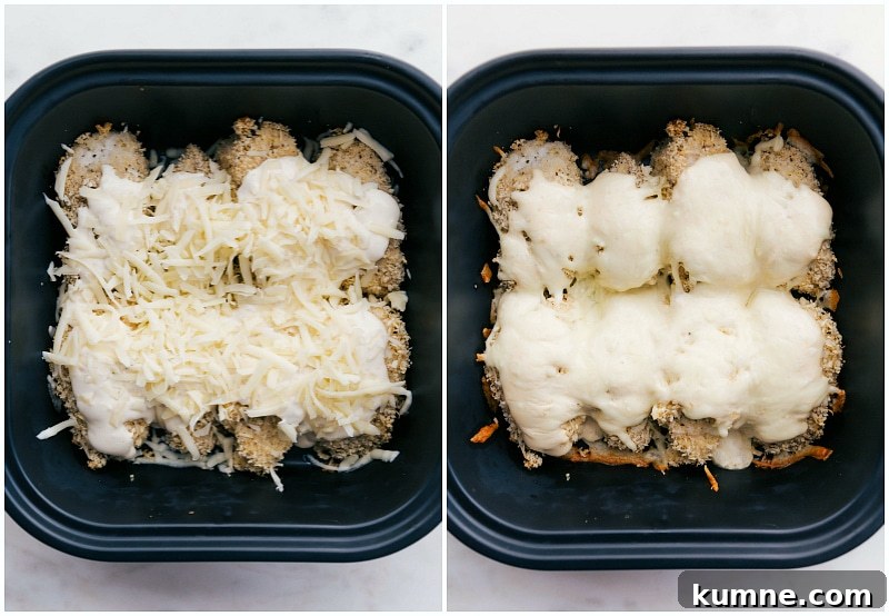 Air Fryer Chicken: Before and After with Melted Cheese Chicken in an air fryer, before and after baking until well done with melted cheese on top.