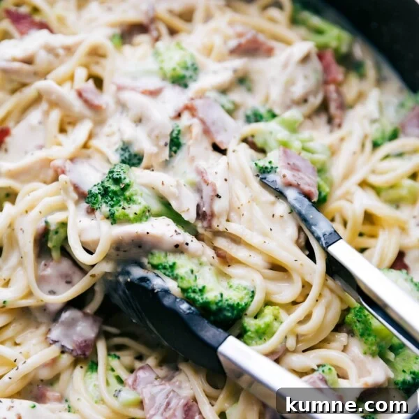 Creamy Baked Chicken Alfredo Casserole Recipe 3 Finished chicken and broccoli alfredo in the pan, warm and ready to be enjoyed.