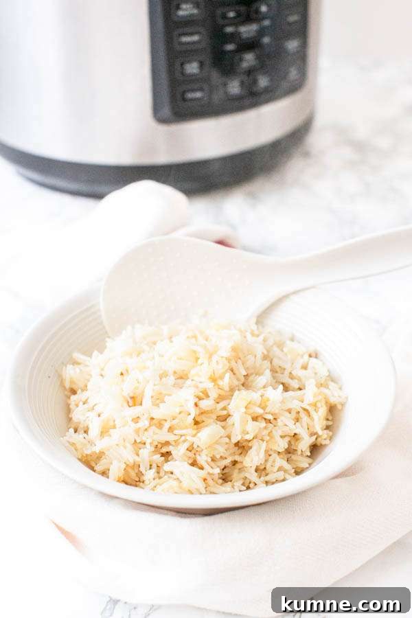 Flavorful Instant Pot Garlic Rice Recipe for Quick Weeknight Meals 3 Instant Pot garlic rice in a white bowl