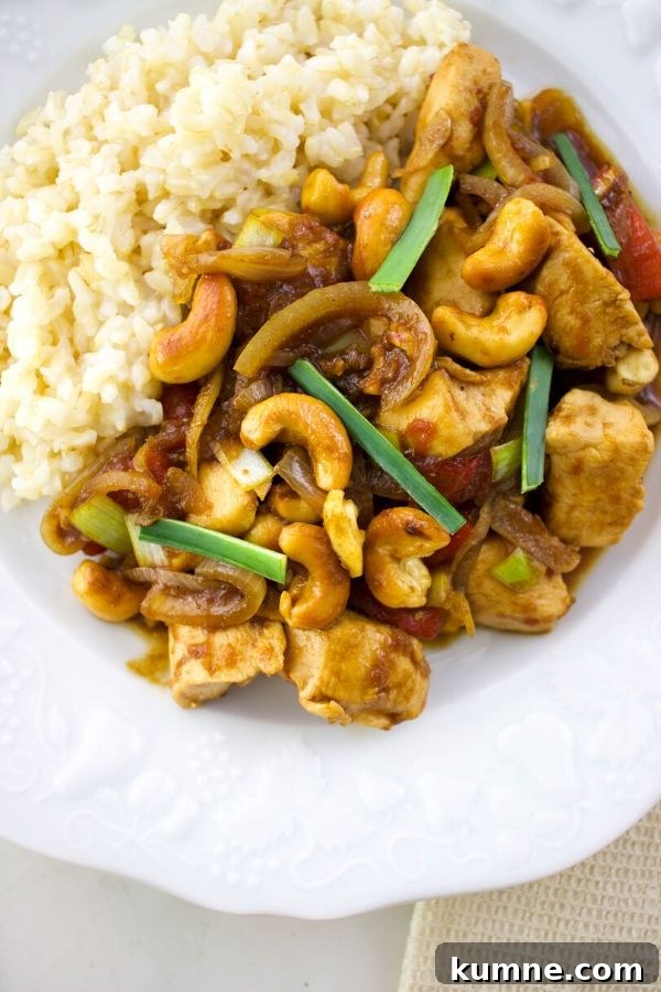 close up of Thai chicken with cashews and white rice on a white plate