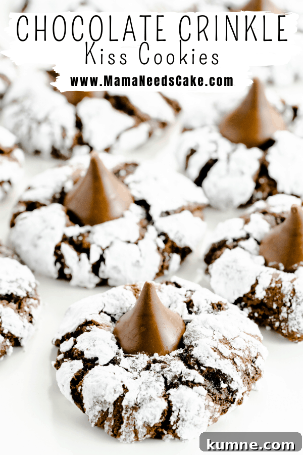 These Chocolate Crinkle Cookies have a soft and fudgy center, are rolled in powdered sugar and have a candy kiss pressed into the center when they're hot out of the oven.