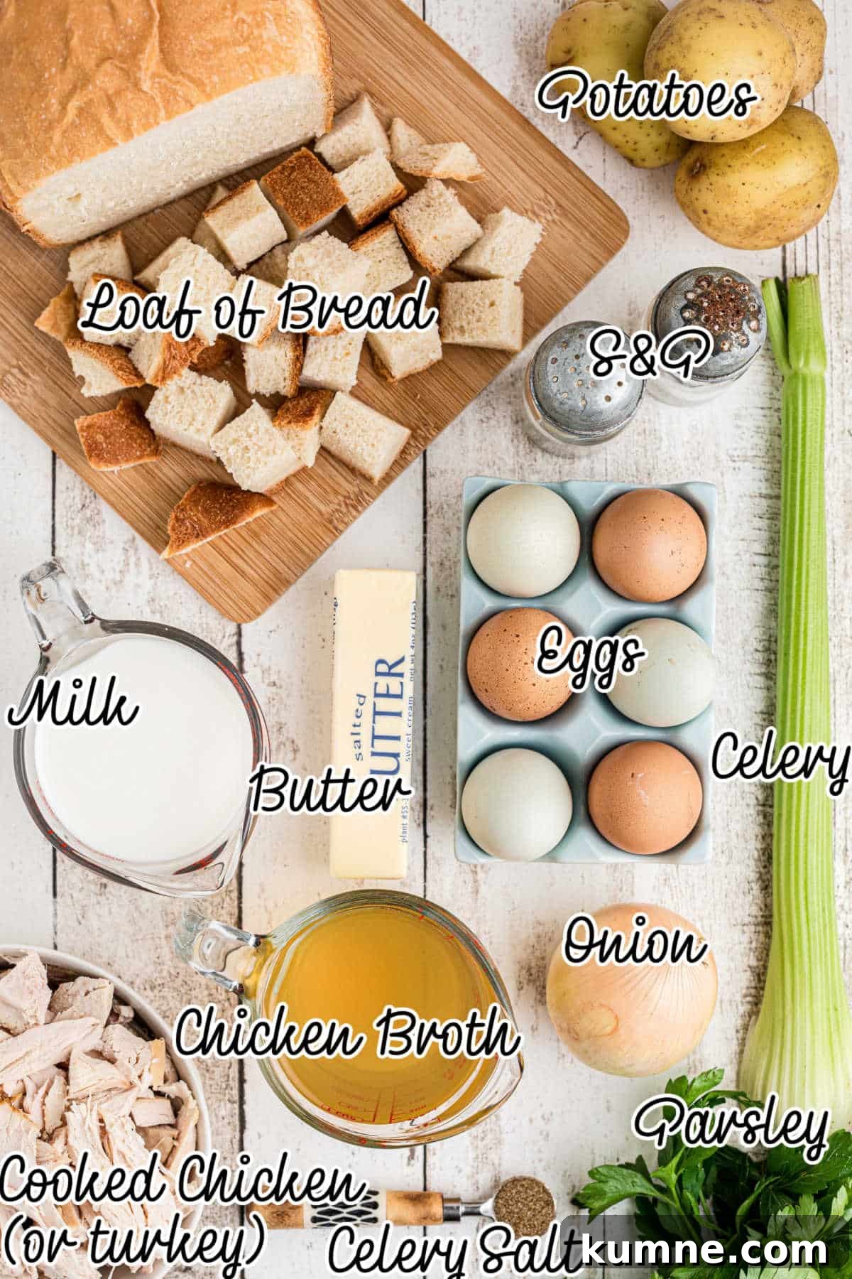 Ingredients needed to make Amish turkey stuffing recipe, with text overlay.