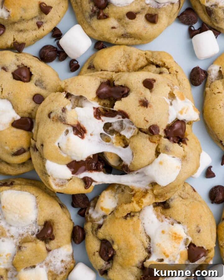 Chocolate chip marshmallow cookies laid out flat with one on top pulled apart.