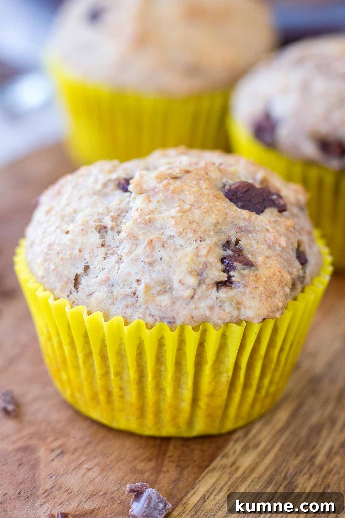 Upclose view of chocolate chip banana muffins.