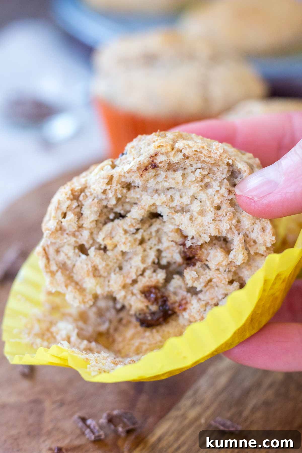 Hand holding a banana chocolate chip muffin.