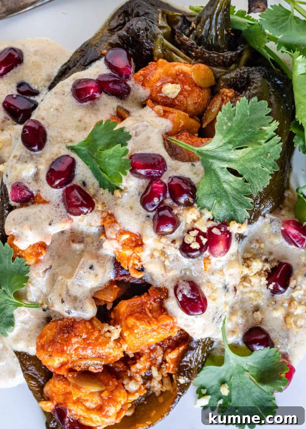 roasted chiles stuffed with chicken, fruit and vegetables, covered in walnut sauce