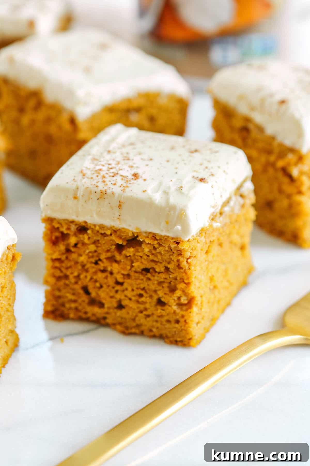 Moist Pumpkin Spice Bars with Yogurt Glaze 2 These Healthier Pumpkin Bars are moist, taste just like cake, and are made without any butter, oil or refined sugar! Topped with a delicious maple cream cheese frosting and loaded with so much pumpkin flavor!