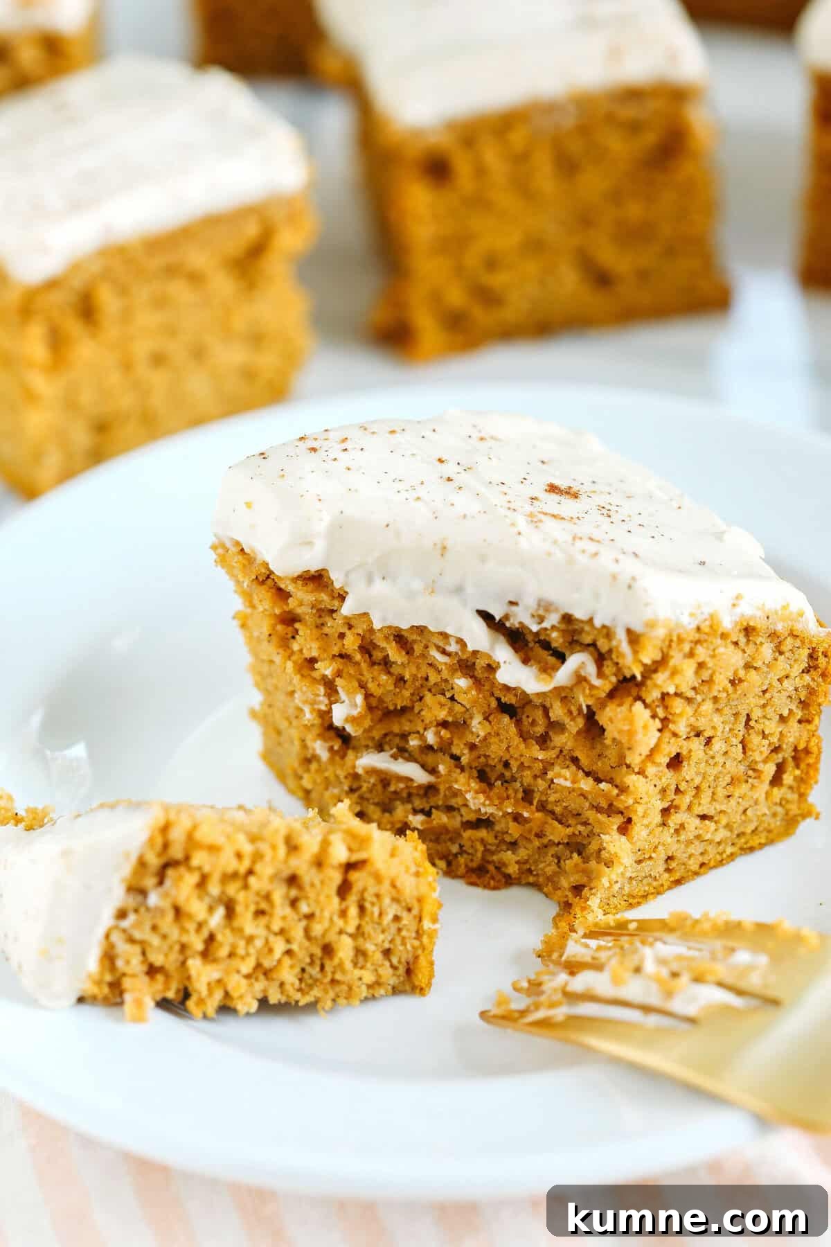Moist Pumpkin Spice Bars with Yogurt Glaze 5 These Healthier Pumpkin Bars are moist, taste just like cake, and are made without any butter, oil or refined sugar! Topped with a delicious maple cream cheese frosting and loaded with so much pumpkin flavor!