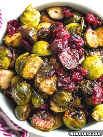 A bowl of roasted Brussels sprouts with cranberries.