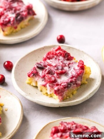 Cranberry lemon bars on plates with lemons and cranberries around them.