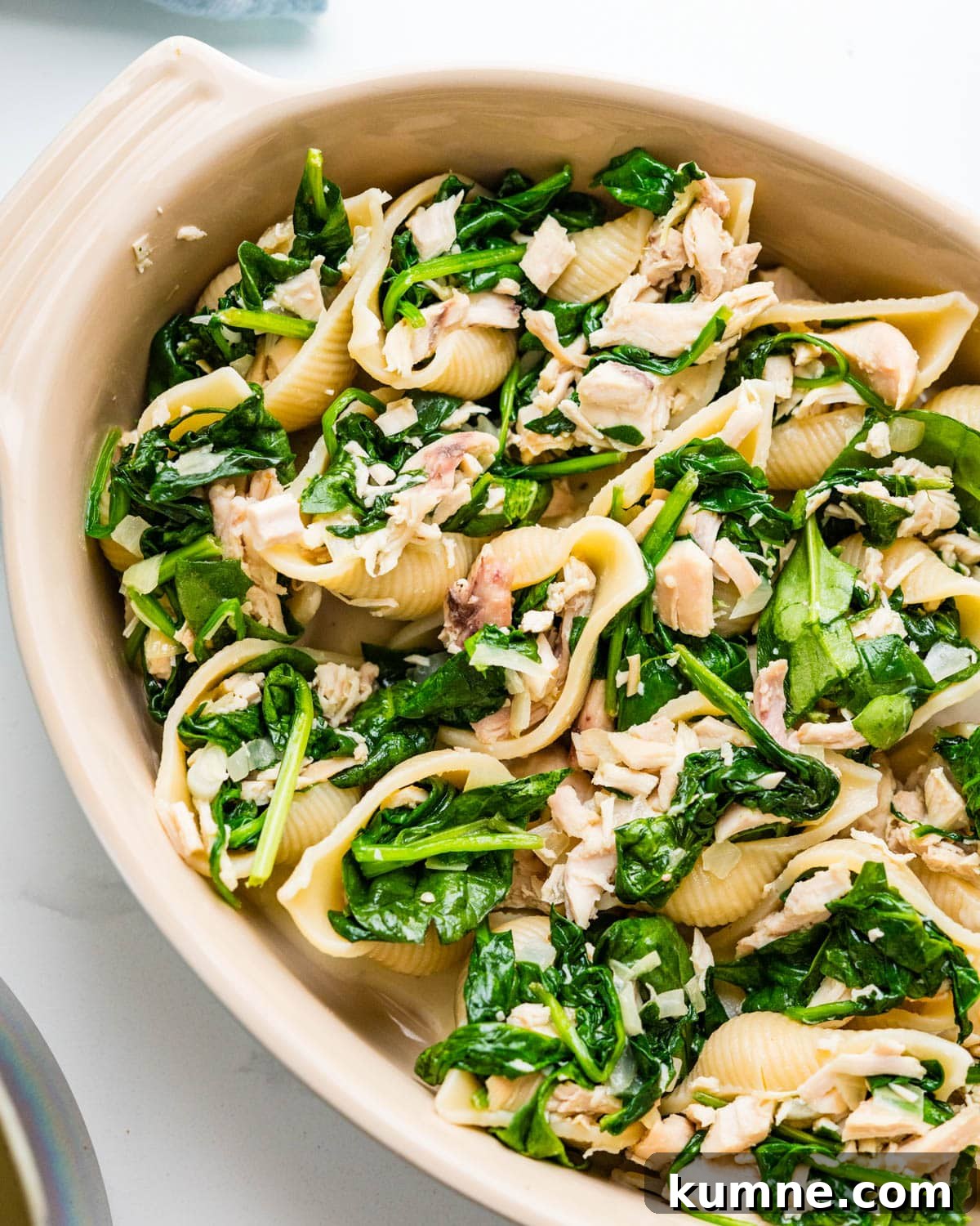 Creamy Chicken Alfredo Stuffed Shells Recipe for Dinner 11 Filling the cooked shell pasta with chicken and spinach filling.