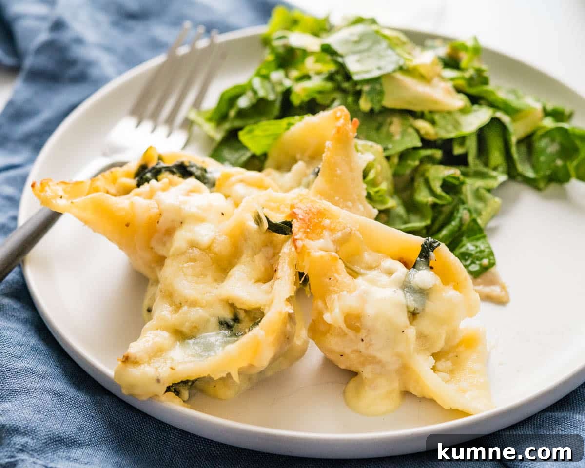 Creamy Chicken Alfredo Stuffed Shells Recipe for Dinner 15 Serving the chicken stufffed shells with a green salad.