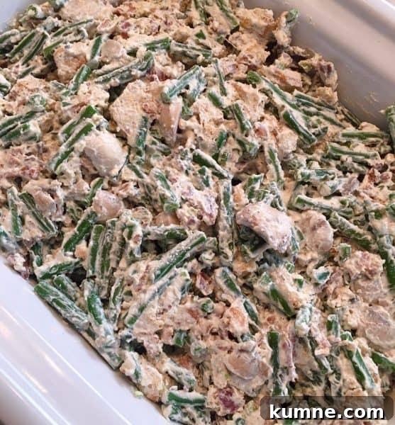 Crispy Fresh Green Bean Casserole with Garlic and Parmesan 11 Green bean casserole mixture in greased baking dish