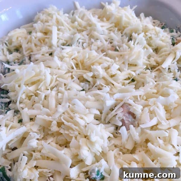 Crispy Fresh Green Bean Casserole with Garlic and Parmesan 12 Shredded cheese on top of casserole