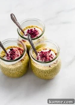 three jars of chia golden milk latte chia pudding topped with yogurt and rose petals