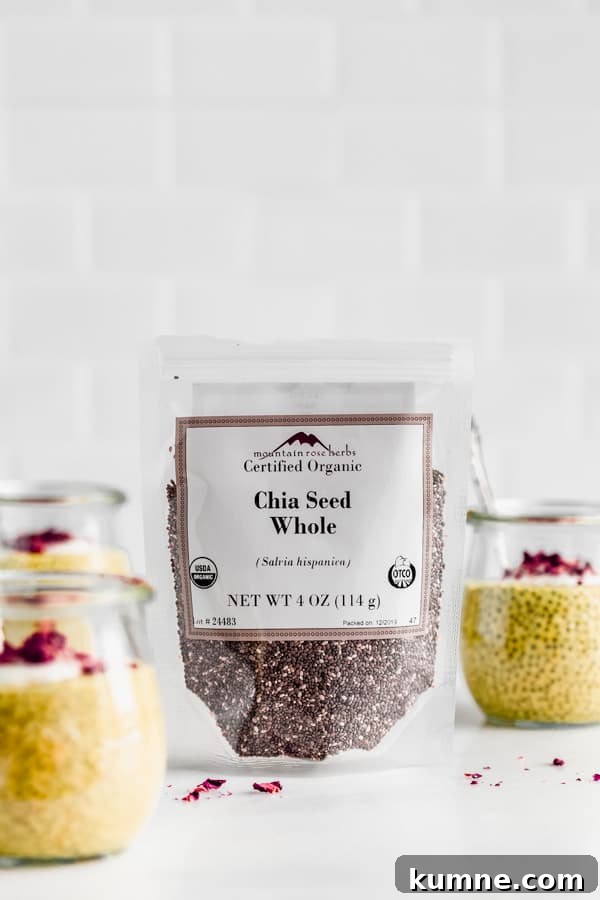 Turmeric Golden Milk Chia Pudding Recipe 3 a package of chia seeds with jars of chia pudding around it