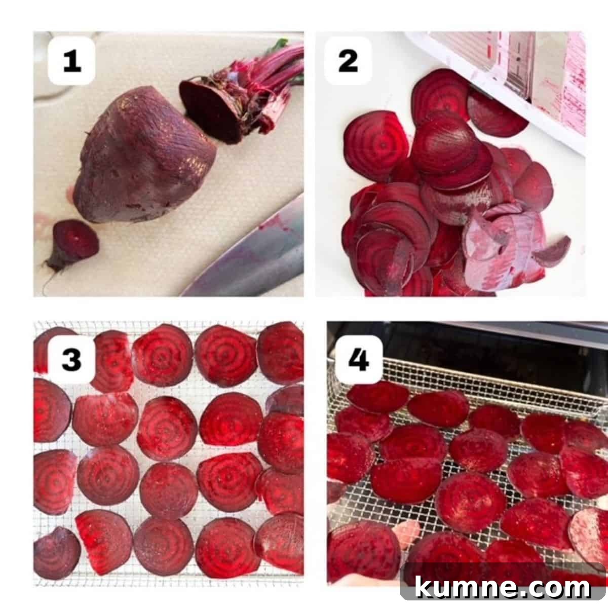 Four process shots showing steps on how to make beet chips in an air fryer.