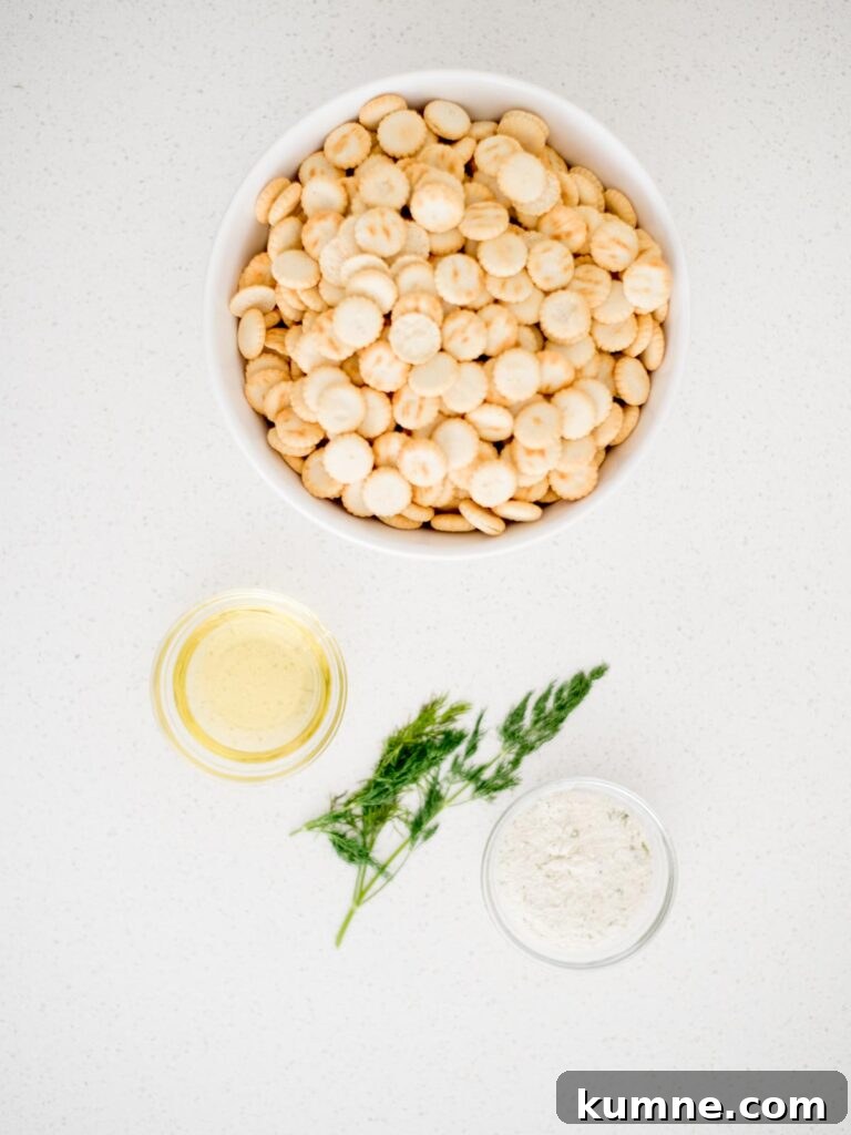 Ranch Dill Oyster Crackers Recipe for Party Snacks 3 Ingredients shown needed to prepare seasoned oyster crackers.