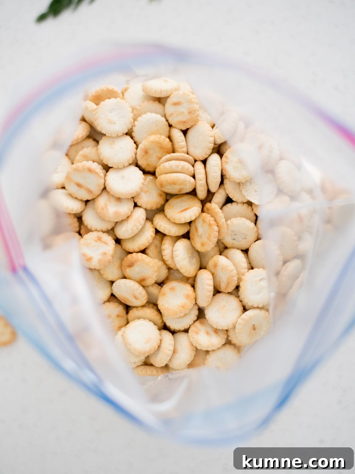 Ranch Dill Oyster Crackers Recipe for Party Snacks 4 Open ziploc bag with oyster crackers inside.