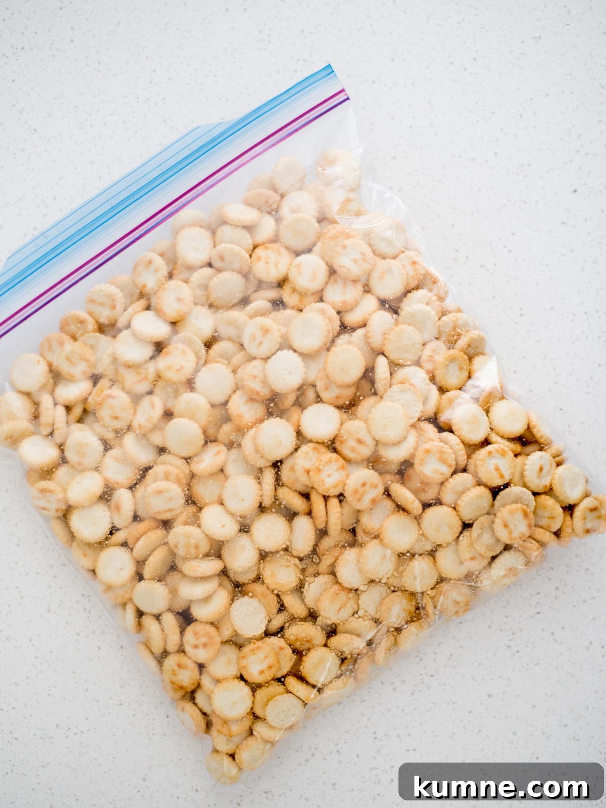 Ranch Dill Oyster Crackers Recipe for Party Snacks 5 Sealed ziploc bag of seasoned oyster crackers.