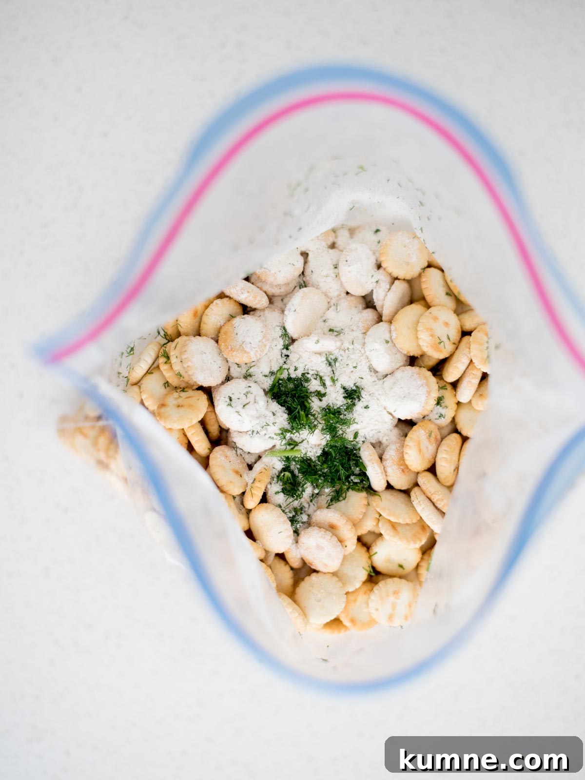 Ranch Dill Oyster Crackers Recipe for Party Snacks 6 Ziploc bag of oyster crackers and seasonings added to the bag.