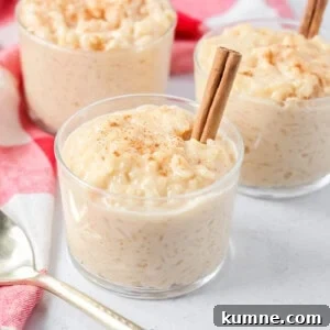 Homemade arroz con leche in glass cups with cinnamon sticks.