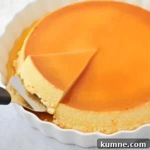 Flan being sliced from dish.