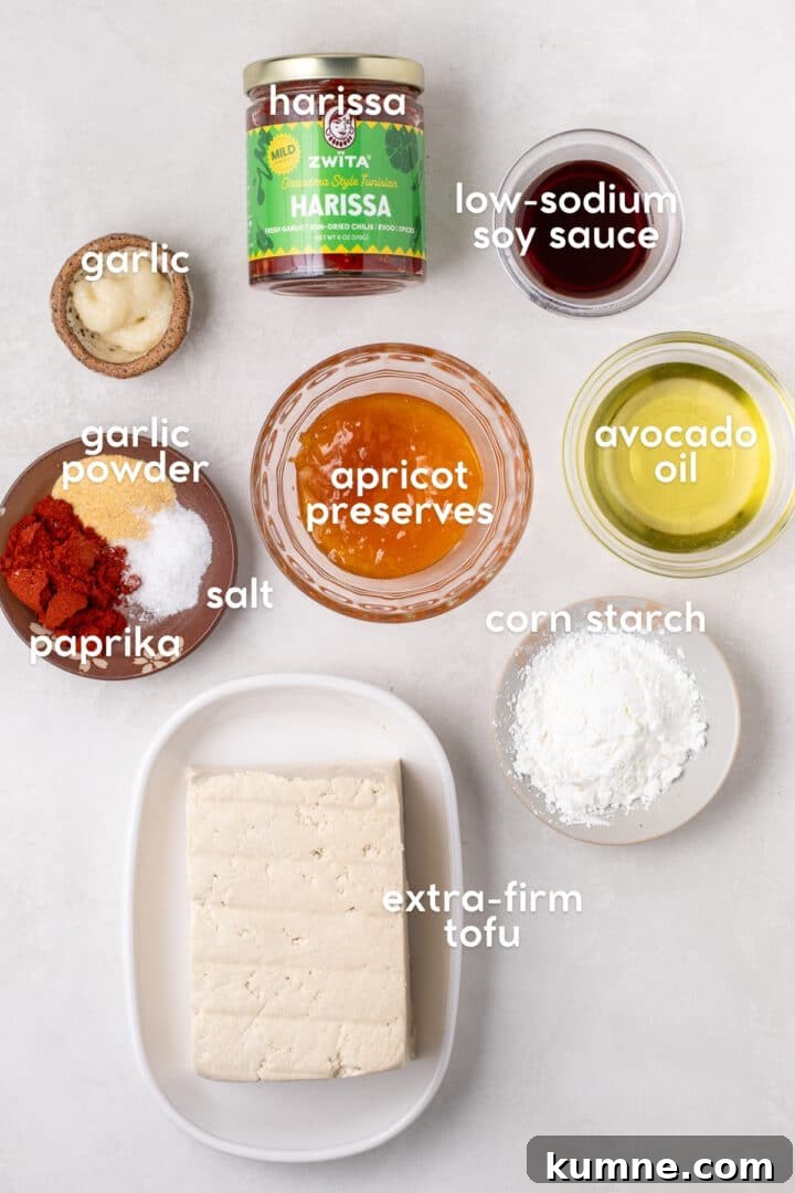 Apricot Harissa Tofu with Couscous Pilaf — Sweet and Spicy Flavor 5 ingredients for apricot harissa tofu including extra-firm tofu, harissa, apricot preserves, soy sauce, garlic and spices