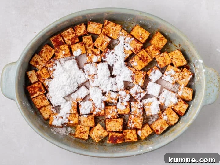 Apricot Harissa Tofu with Couscous Pilaf — Sweet and Spicy Flavor 10 seasoned tofu cubes tossed with cornstarch to help them crisp