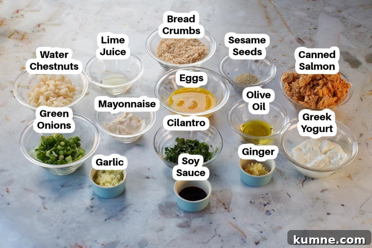 Ingredients in pan-fried salmon patties in glass bowls, labelled