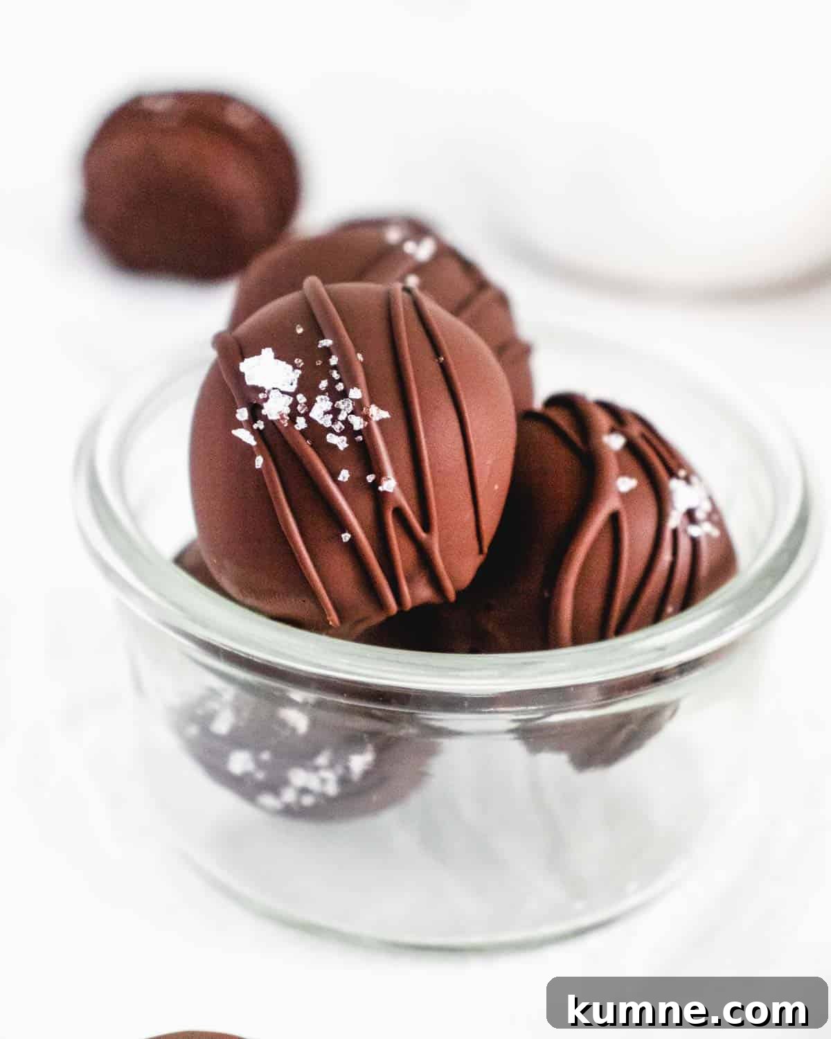 Mocha Chocolate Truffles Recipe: Rich Coffee-Infused Truffles 2 Close up photo of homemade Chocolate Truffles topped with sea salt and a drizzle of chocolate