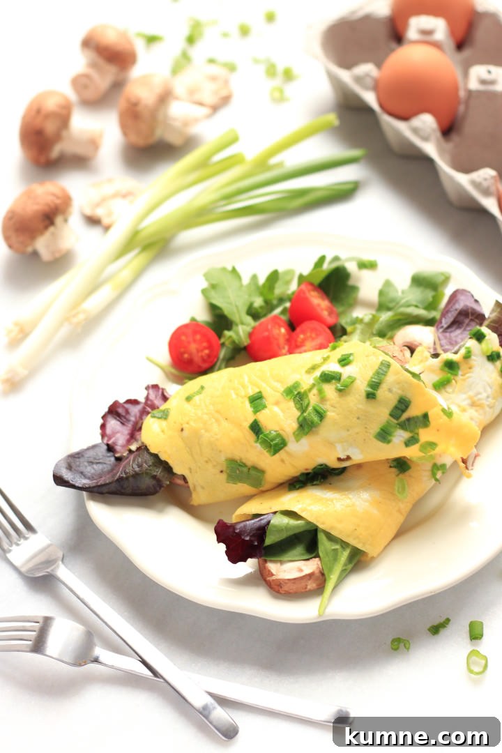 Spinach Mushroom Omelet (Gluten-Free, Dairy-Free) Up close shot of spinach mushroom omelet.