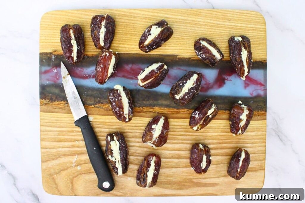 Crispy Air Fryer Bacon-Wrapped Dates Stuffed with Goat Cheese 5 cut dates lengthwise and stuff with goat cheese