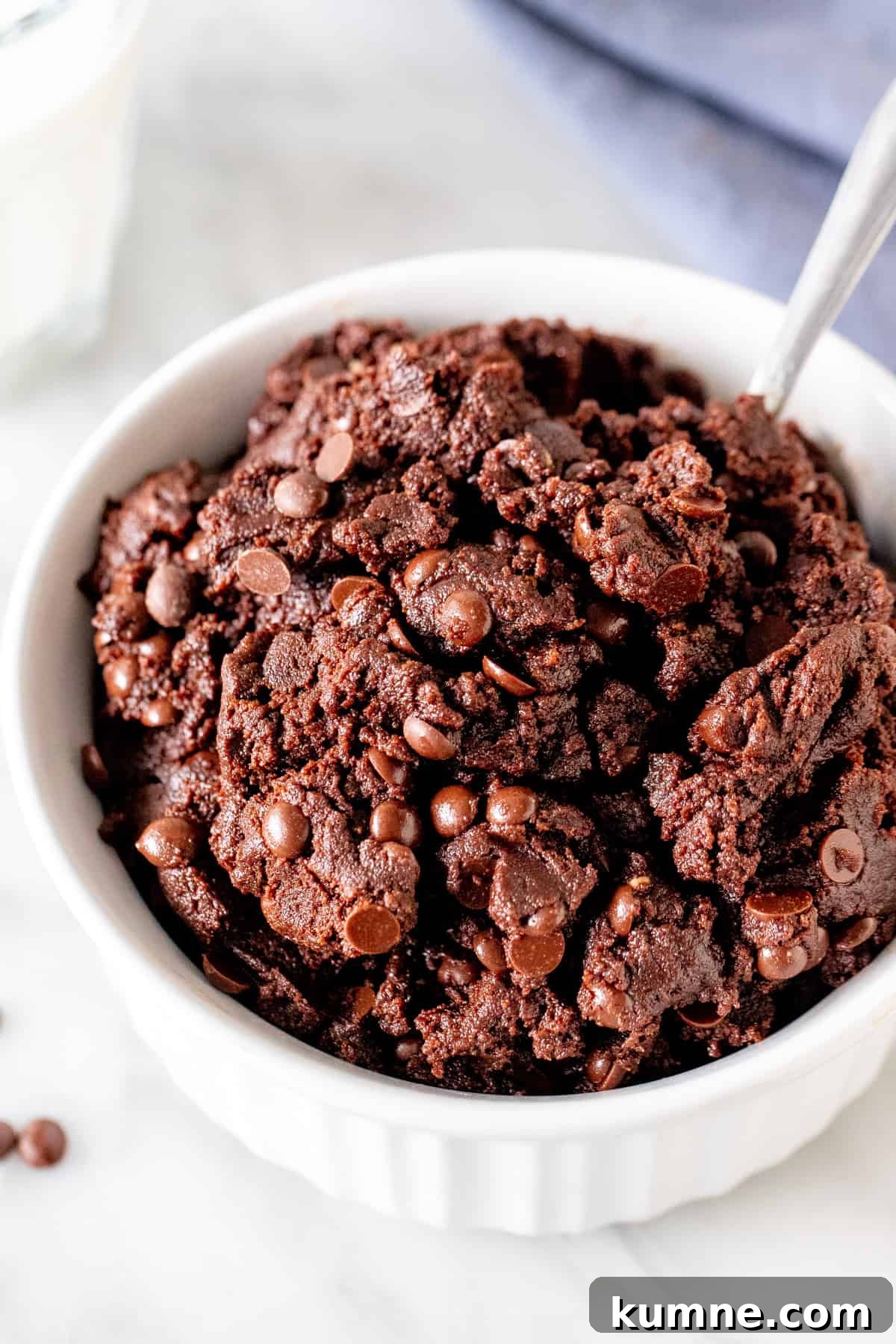 Bowl of edible brownie batter with mini chocolate chips