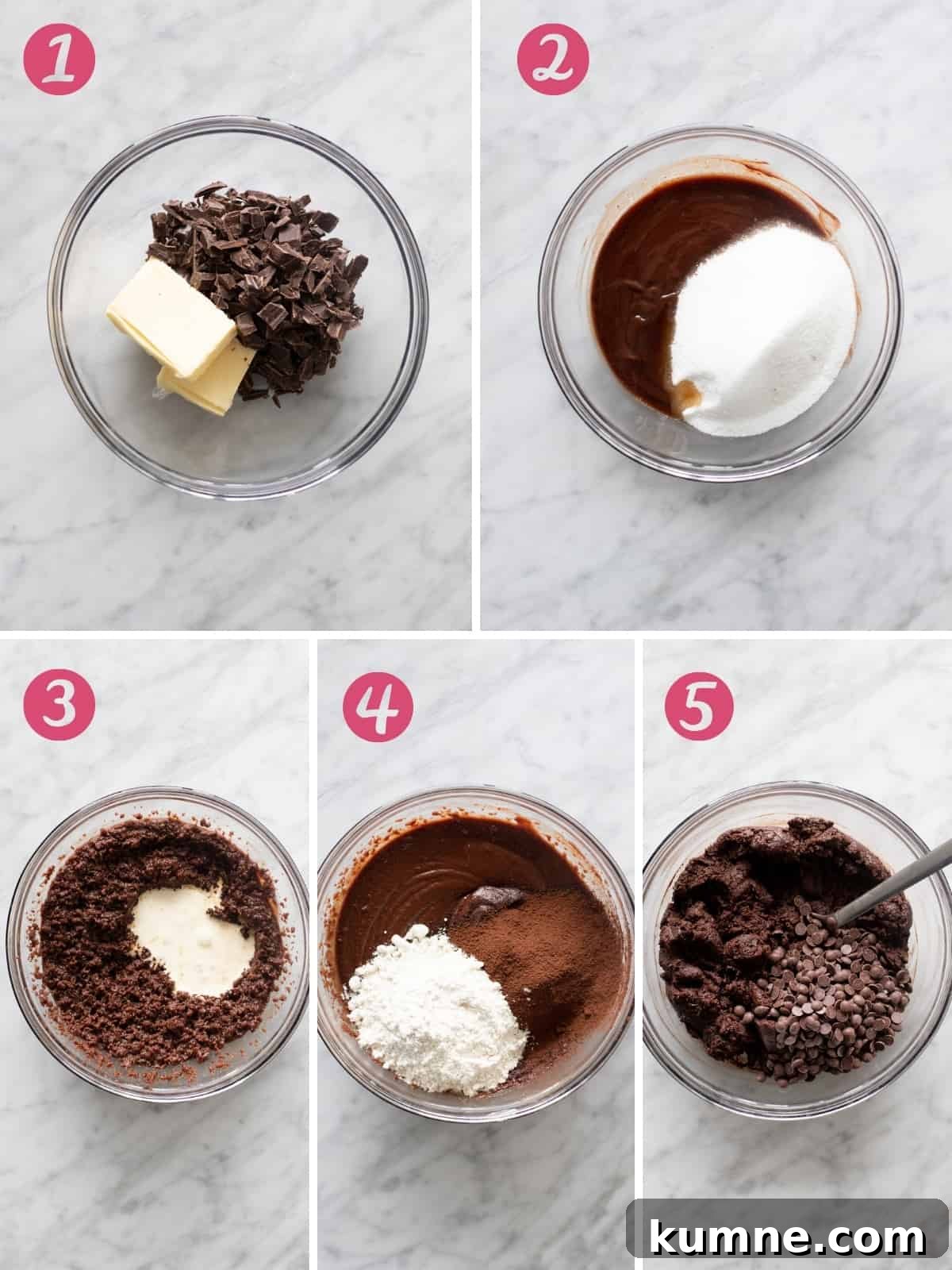 Collage of 5 photos of making brownie batter