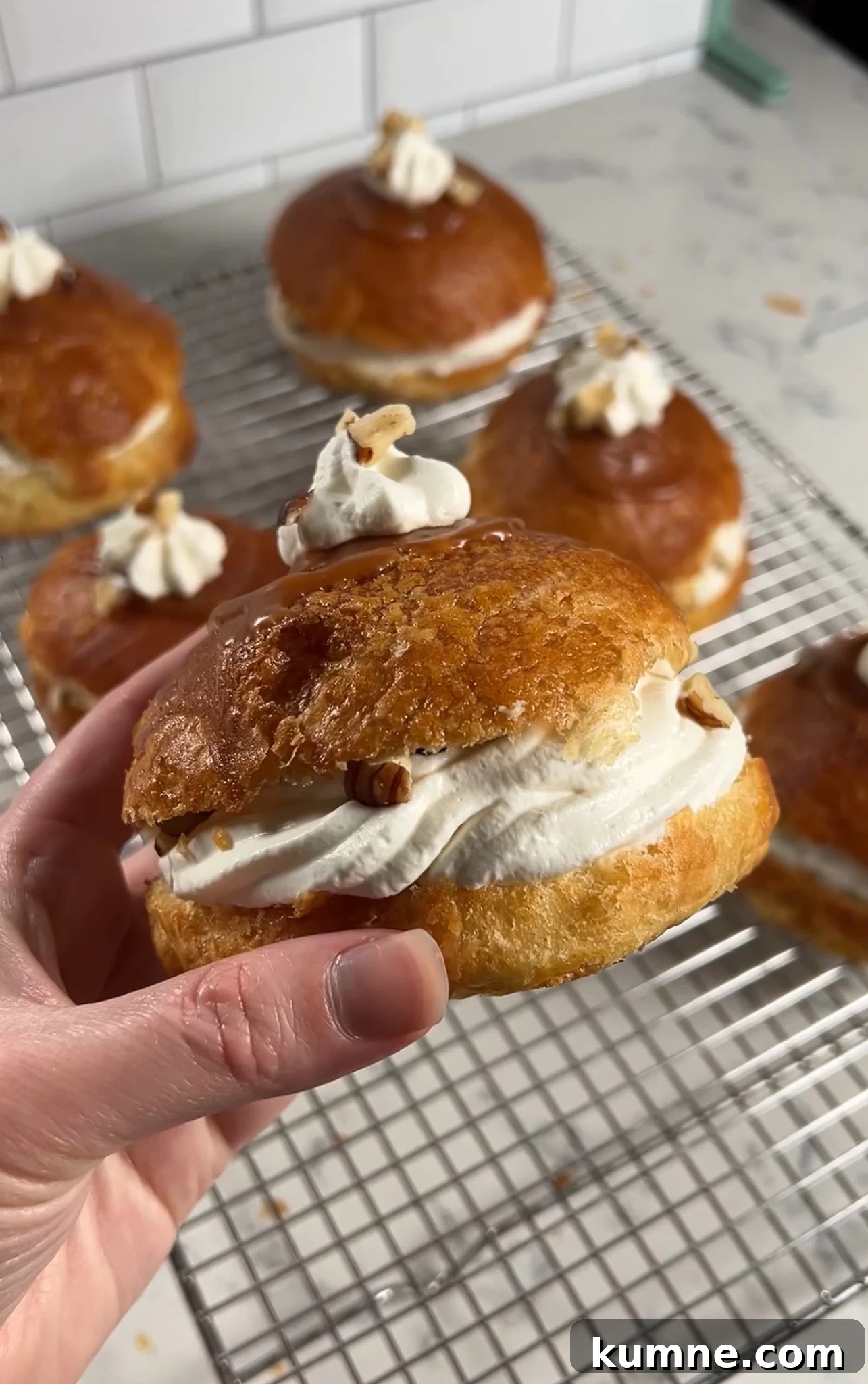 Salted Caramel Hazelnut Fastelavnsboller Recipe 19 Danish carnival bun filled with whipped cream and hazelnut filling, as well as salted caramel.
