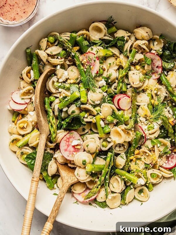 Elote Pasta Salad Inspired by Mexican Street Corn 12 Bowl of spring pasta salad loaded with asparagus, radish, spinach, herbs and a tangy sumac honey dressing.