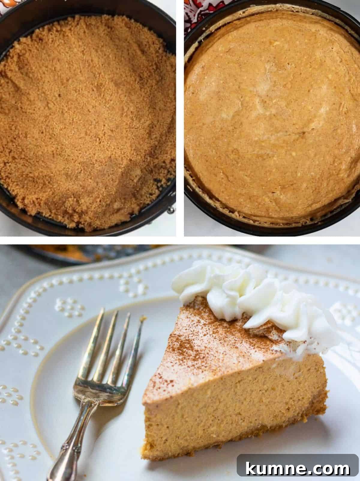 Pumpkin Cheesecake Instant Pot Collage of three photos showing gingersnap crust, pressure cooked pumpkin cheesecake and slice of Instant Pot Pumpkin Cheesecake on plate with fork.