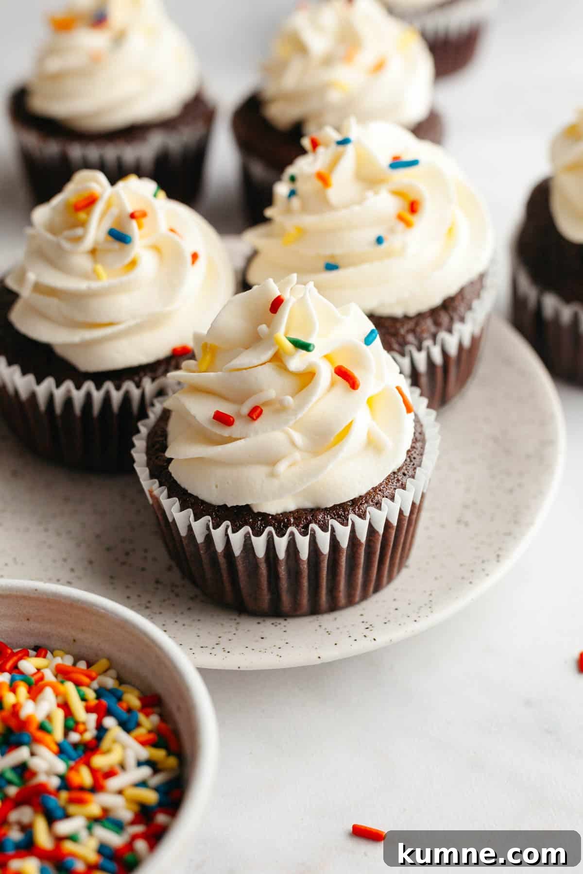 Moist Chocolate Cupcakes with Cream Cheese Frosting Recipe 10 Three chocolate cupcakes with white frosting and rainbow sprinkles on a small plate.