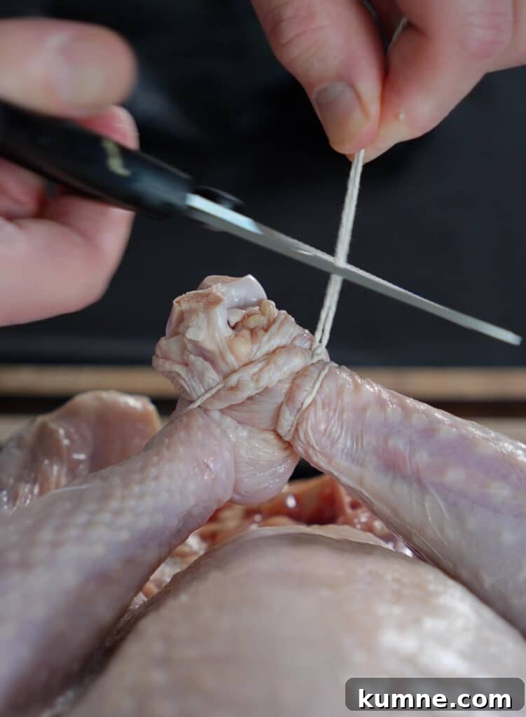 scissors cutting butchers twine that is tying two turkey legs together.
