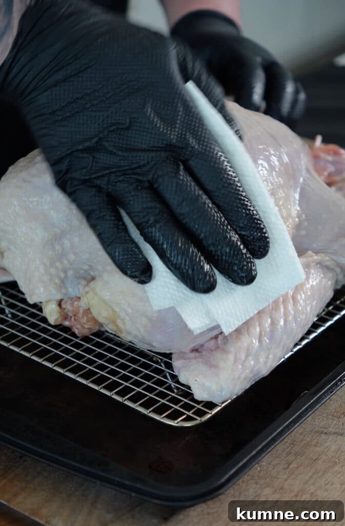 dabbing a turkey dry with a paper towel
